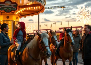 Kinder reiten beim Ponyreiten Kaiserslautern auf gepflegten Ponys im Abendlicht vor einem Feuerwerk auf der Kerwe
