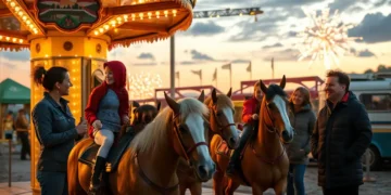 Ponyreiten Kaiserslautern – Wenn Vernunft stärker ist als Ideologie 22 Kinder reiten beim Ponyreiten Kaiserslautern auf gepflegten Ponys im Abendlicht vor einem Feuerwerk auf der Kerwe