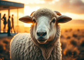 Ein Merinoschaf steht im Abendlicht auf einem trockenen Feld, Symbol für die Lämmerverstümmelung Modeindustrie und den Konflikt zwischen Natur und Modewelt