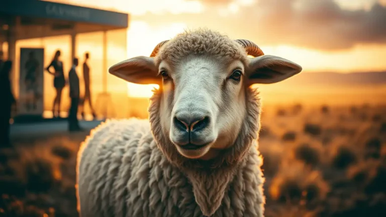 Ein Merinoschaf steht im Abendlicht auf einem trockenen Feld, Symbol für die Lämmerverstümmelung Modeindustrie und den Konflikt zwischen Natur und Modewelt