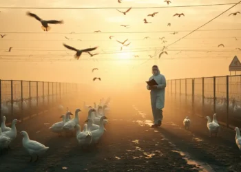 Vogelgrippe Massentierhaltung – Ursache oder Sündenbock? 26 Tierarzt in Schutzkleidung geht durch nebligen Geflügelhof mit eingezäunten Tieren als Symbol für Vogelgrippe Massentierhaltung