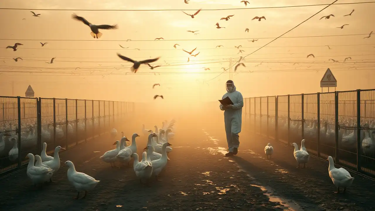 Tierarzt in Schutzkleidung geht durch nebligen Geflügelhof mit eingezäunten Tieren als Symbol für Vogelgrippe Massentierhaltung