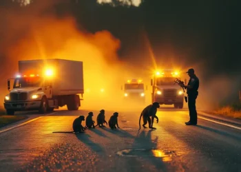 Polizeibeamte sichern nach einem Unfall einen Transport mit Affen auf einer Landstraße in Mississippi, während verängstigte Tiere am Straßenrand sitzen und der weltweite Affenhandel kritisch hinterfragt wird