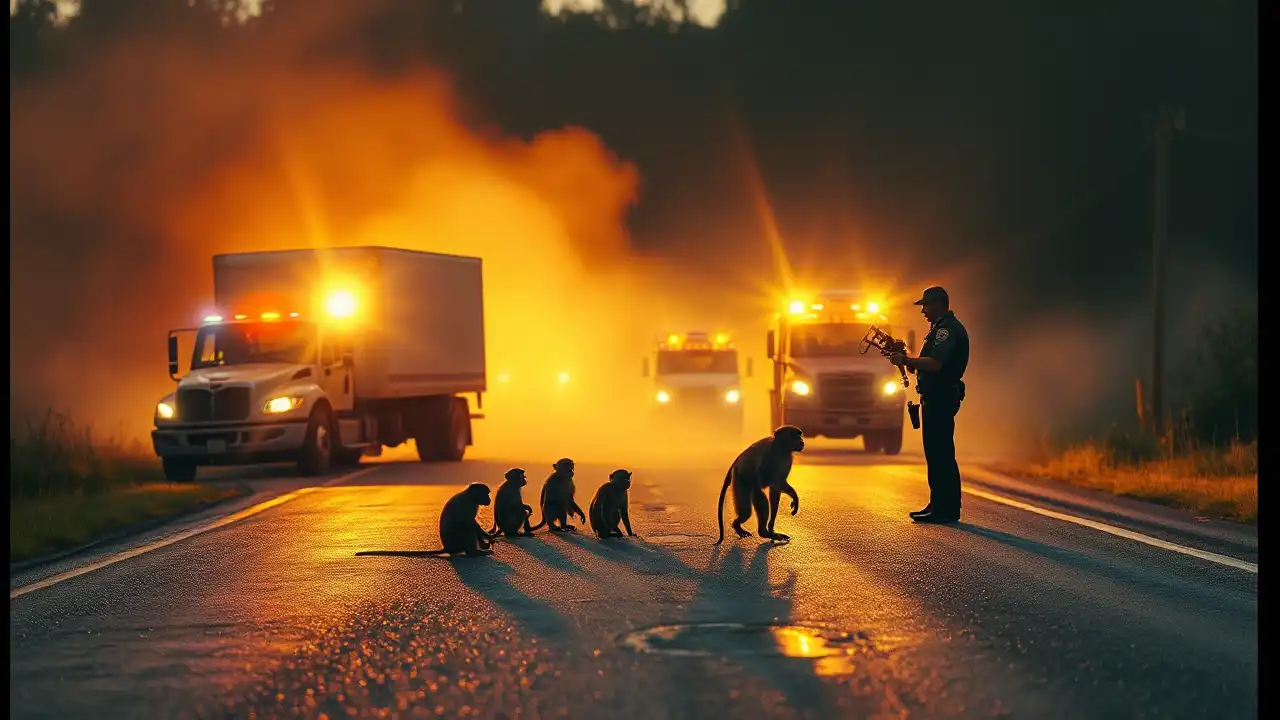 Weltweiter Affenhandel: Wenn PETA wieder Fakten verdreht 1 Polizeibeamte sichern nach einem Unfall einen Transport mit Affen auf einer Landstraße in Mississippi, während verängstigte Tiere am Straßenrand sitzen und der weltweite Affenhandel kritisch hinterfragt wird