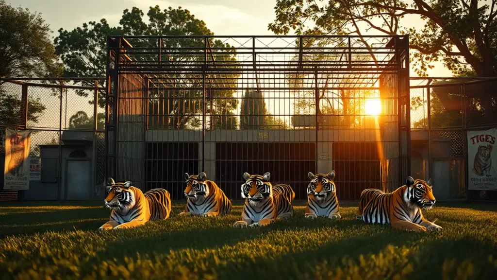 Verlassene Zirkusarena mit leerem Tigerkäfig im Abendlicht als Symbol für Tigerauftritte ohne Genehmigung