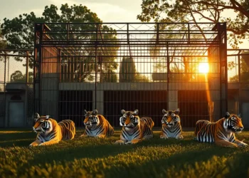 Verlassene Zirkusarena mit leerem Tigerkäfig im Abendlicht als Symbol für Tigerauftritte ohne Genehmigung