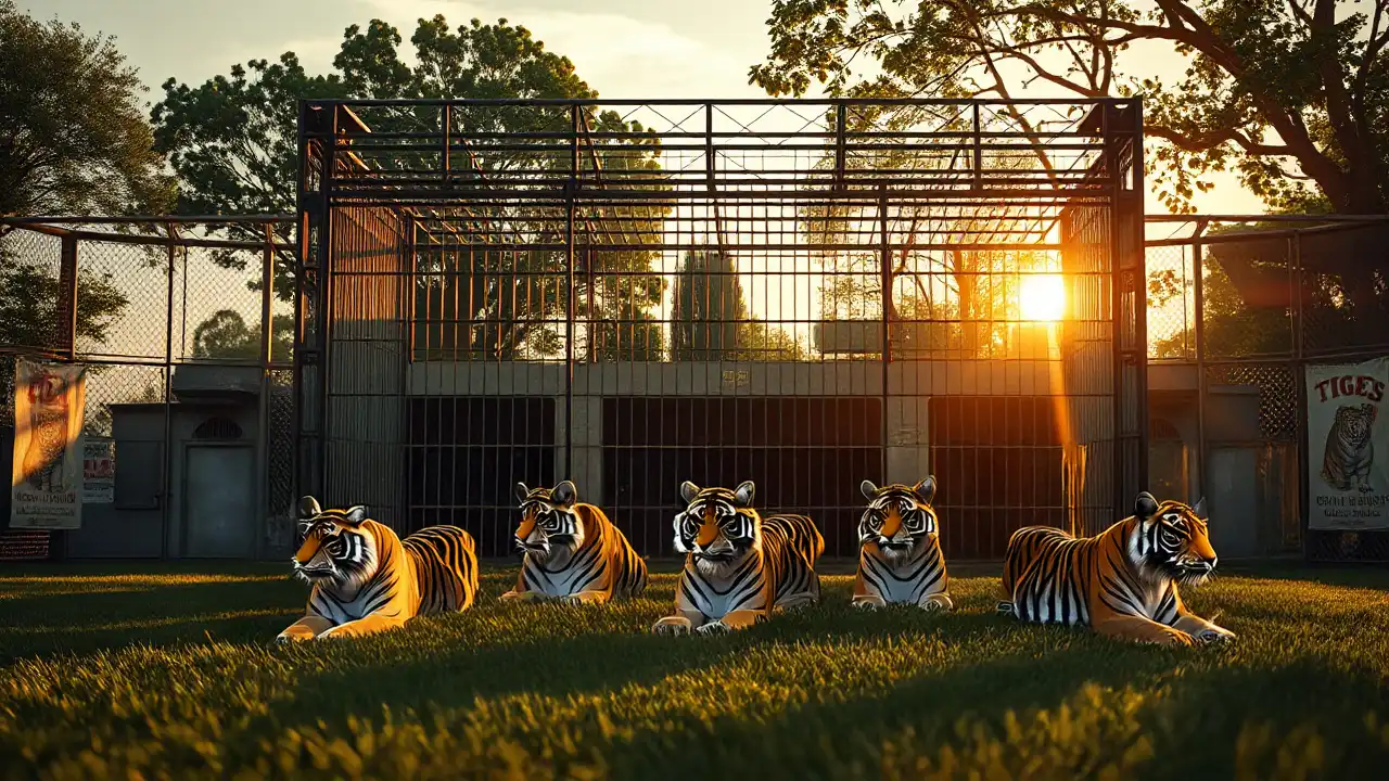 Tigerauftritte ohne Genehmigung – Verfahren gegen Zirkus-Dompteurin Carmen Zander eingestellt 1 Verlassene Zirkusarena mit leerem Tigerkäfig im Abendlicht als Symbol für Tigerauftritte ohne Genehmigung