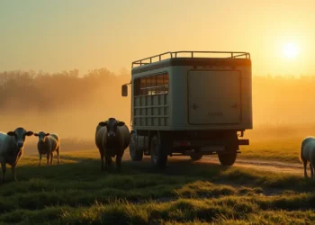 Ein Schlachtfahrzeug steht auf einer nebligen Weide bei Sonnenaufgang, während Kühe und Schafe ruhig zusehen und das Thema mobiles Schlachten widerspiegeln