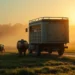 Ein Schlachtfahrzeug steht auf einer nebligen Weide bei Sonnenaufgang, während Kühe und Schafe ruhig zusehen und das Thema mobiles Schlachten widerspiegeln
