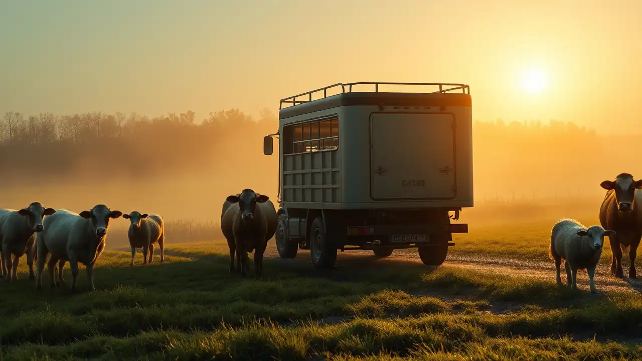 Mobiles Schlachten: PETA empört sich – und tötet selbst 1 Ein Schlachtfahrzeug steht auf einer nebligen Weide bei Sonnenaufgang, während Kühe und Schafe ruhig zusehen und das Thema mobiles Schlachten widerspiegeln