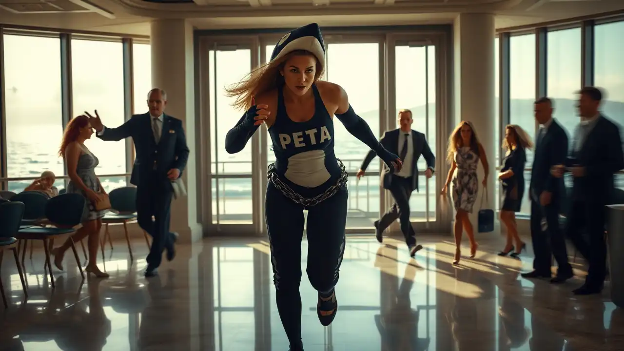 PETA Aktion TUI – Wenn Aktivismus zur Realsatire wird 1 Frau im Orca-Kostüm mit Ketten stürmt Hotel auf Sylt während einer PETA Aktion TUI, um gegen Delfinarien zu protestieren