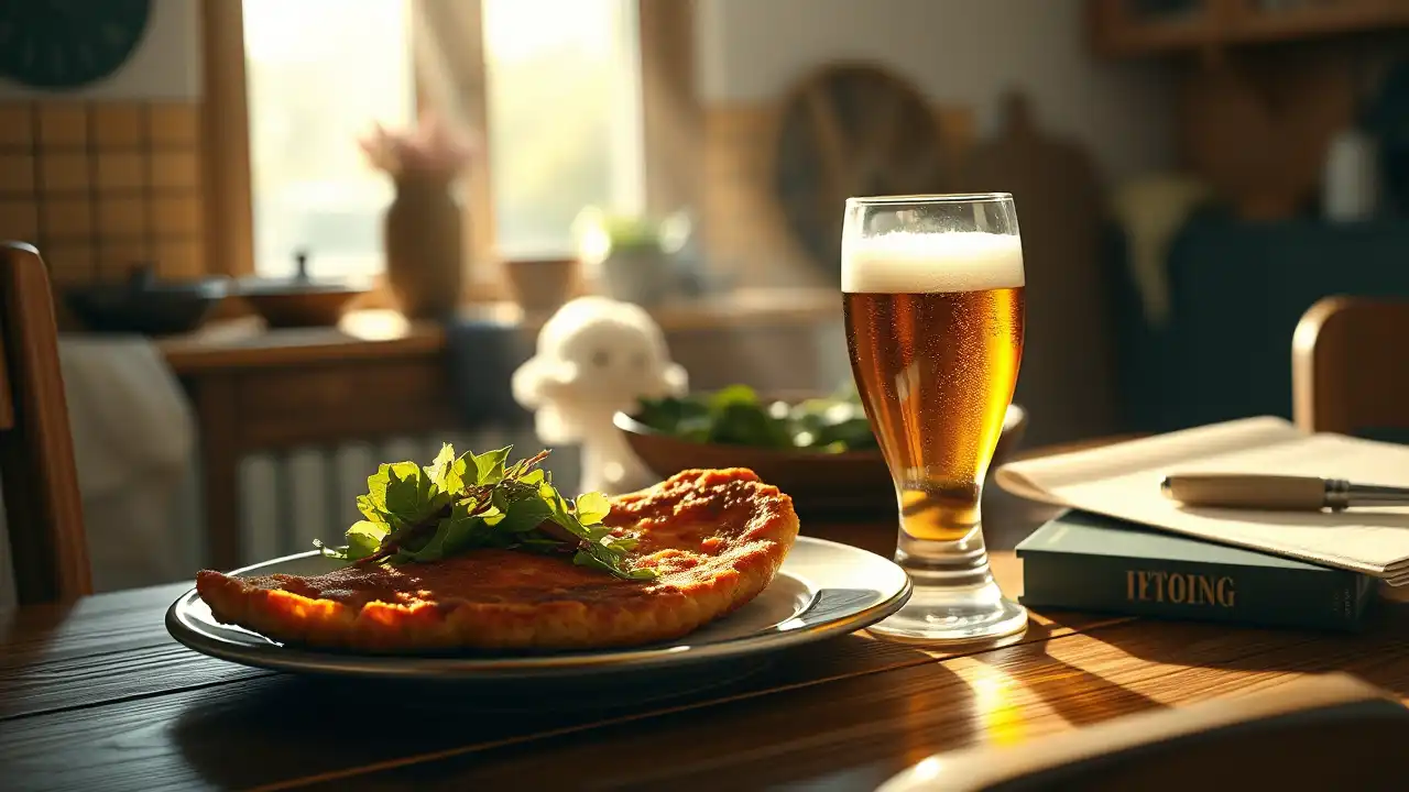 Weltvegantag – was es nicht alles so gibt 1 Ein sonnendurchfluteter Küchentisch mit einem goldbraunen Schweineschnitzel und einer Schüssel Salat symbolisiert den Kontrast zum Weltvegantag