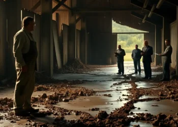 Ein Landwirt steht besorgt vor einem Stall im Morgengrauen, während Kontrolleure den Hof wegen Tierschutzverstöße Schweinezuchtbetrieb untersuchen
