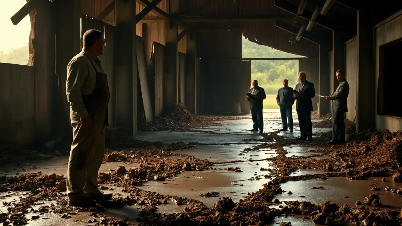Ein Landwirt steht besorgt vor einem Stall im Morgengrauen, während Kontrolleure den Hof wegen Tierschutzverstöße Schweinezuchtbetrieb untersuchen