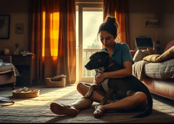 Frau sitzt erschöpft in kleinem Wohnzimmer und tröstet verängstigten Hund, Symbol für die Herausforderungen der Tierschutzhunde Vermittlung