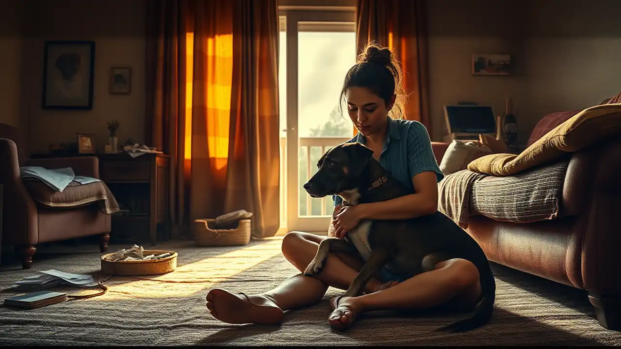 Vermittlungs-Dilemma: Überfordertheit bei der Tierschutzhunde Vermittlung 1 Frau sitzt erschöpft in kleinem Wohnzimmer und tröstet verängstigten Hund, Symbol für die Herausforderungen der Tierschutzhunde Vermittlung