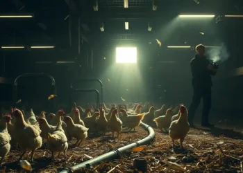 Dunkler Hühnerstall voller Tiere mit schwachem Licht, verletzte Hühner am Boden und eine versteckte Person mit Kamera symbolisieren Tierwohlverstöße Geflügelmast