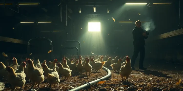 Dunkler Hühnerstall voller Tiere mit schwachem Licht, verletzte Hühner am Boden und eine versteckte Person mit Kamera symbolisieren Tierwohlverstöße Geflügelmast