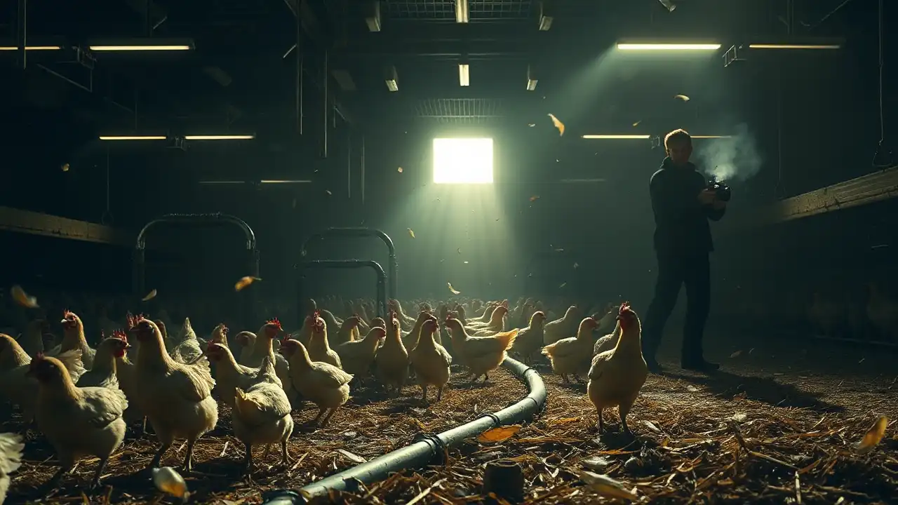 Dunkler Hühnerstall voller Tiere mit schwachem Licht, verletzte Hühner am Boden und eine versteckte Person mit Kamera symbolisieren Tierwohlverstöße Geflügelmast