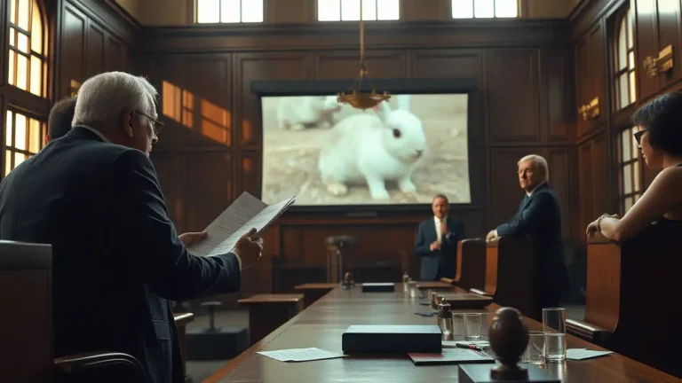 Gerichtsszene mit Richter und Anwalt in angespannter Stimmung während Aktivisten im Hintergrund sitzen Symbolbild für das SOKO Tierschutz Urteil