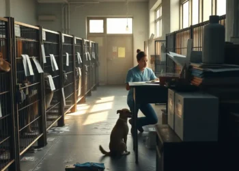 Tierheim Finanzierung: Wenn der Tierschutz am Geld scheitert 40 Freiwillige tröstet einen Hund in einem überfüllten Tierheim während die angespannte Stimmung die Probleme der Tierheim Finanzierung sichtbar macht