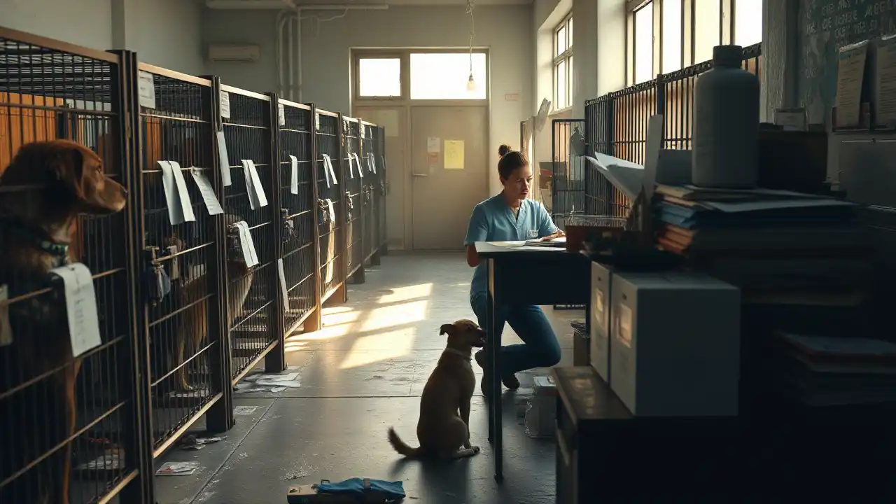 Freiwillige tröstet einen Hund in einem überfüllten Tierheim während die angespannte Stimmung die Probleme der Tierheim Finanzierung sichtbar macht