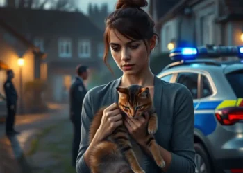 Eine Frau hält besorgt eine verletzte Katze mit verbundenem Ohr, während ein Polizist am Straßenrand ermittelt, Symbol für Tierquälerei Katze in Bernau