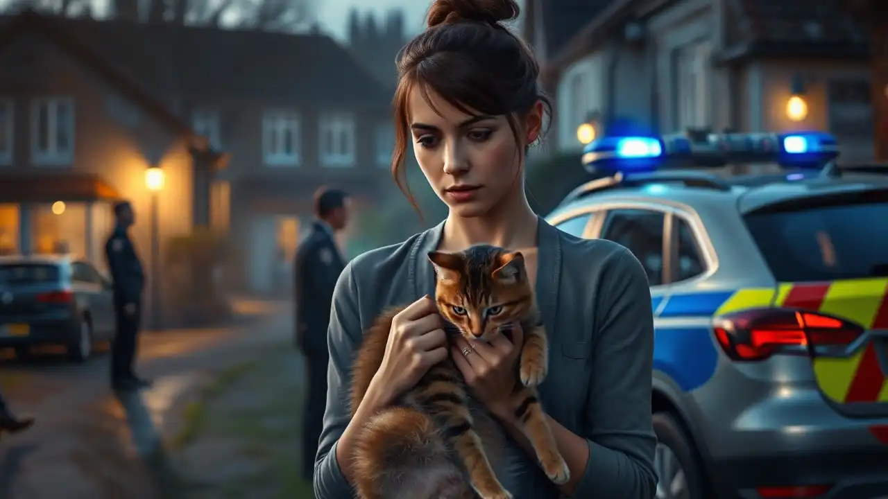 Eine Frau hält besorgt eine verletzte Katze mit verbundenem Ohr, während ein Polizist am Straßenrand ermittelt, Symbol für Tierquälerei Katze in Bernau