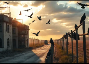 Vogelschutz Mainz zeigt eine halb abgerissene Hausfassade mit aufschreckenden Tauben und Krähen auf Feldern unter grauem Himmel