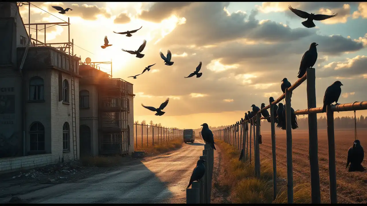 Vogelschutz Mainz zeigt eine halb abgerissene Hausfassade mit aufschreckenden Tauben und Krähen auf Feldern unter grauem Himmel