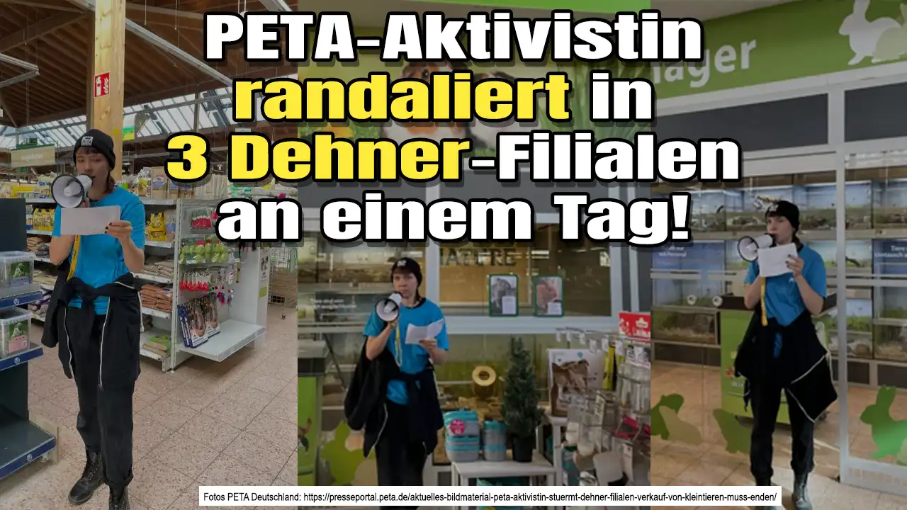 PETA Protest Dehner in einem Gartencenter mit einer jungen Frau, die mit Megafon und Zettel vor Tierkäfigen steht, während Mitarbeiter sie beobachtet
