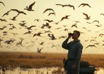 Ein Tierarzt beobachtet an einem Feuchtgebiet Zugvögel, um Hinweise zur Vogelgrippe Prävention zu sammeln