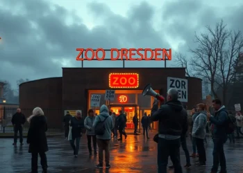 Zoo Dresden zwischen Realität und Polemik 30 Protestierende stehen vor dem Eingang des Zoo Dresden bei Abendlicht, während Besucher ruhig in die Anlage gehen.