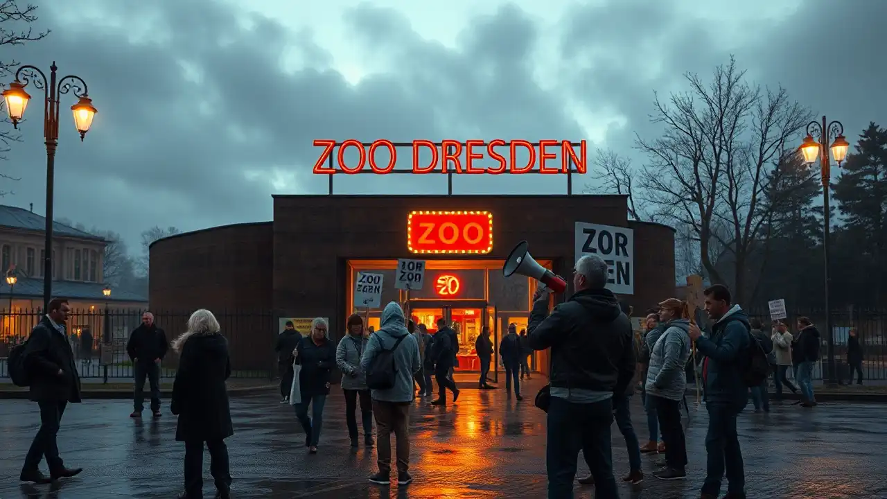Protestierende stehen vor dem Eingang des Zoo Dresden bei Abendlicht, während Besucher ruhig in die Anlage gehen.