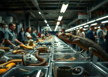 Wildtierbörsen Verbot – Wenn PETA wieder in die Glaskugel schaut 26 Mehrere in kleinen Plastikboxen gehaltene Reptilien auf Tischen in einer Messehalle, umgeben von Menschen, als visuelle Darstellung der Debatte um Wildtierbörsen Verbot