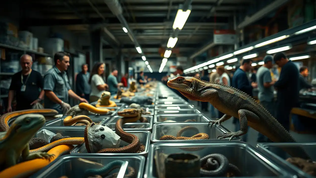 Mehrere in kleinen Plastikboxen gehaltene Reptilien auf Tischen in einer Messehalle, umgeben von Menschen, als visuelle Darstellung der Debatte um Wildtierbörsen Verbot