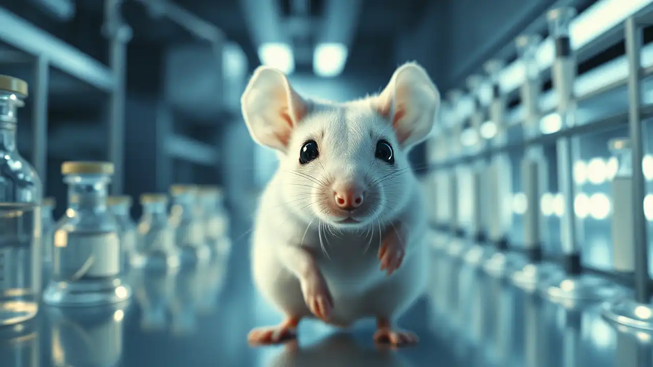 Ein weißes Labormaus sitzt in einem durchsichtigen Käfig in einem Labor, umgeben von unscharfen Instrumenten, und zeigt die Verletzlichkeit hinter Botox Tierversuche
