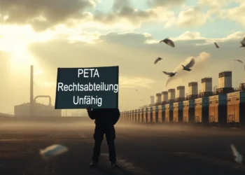 Peta Anzeige gegen Rothkötter – und wieder endet alles im Sande 17 Eine Person steht bei einer Peta Anzeige allein vor einer großen Geflügelschlachterei im morgendlichen Nebel, umgeben von langen Hallen und Industrieanlagen