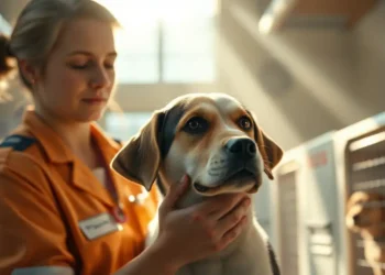 Staatlich geförderte Meldestellen gegen Tierquälerei – ein Vorbild auch für Deutschland 15 Ein Tierschutzmitarbeiter tröstet einen geretteten Hund in einer hellen Unterkunft und symbolisiert die nationale Meldestelle Tierschutz