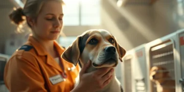 Ein Tierschutzmitarbeiter tröstet einen geretteten Hund in einer hellen Unterkunft und symbolisiert die nationale Meldestelle Tierschutz