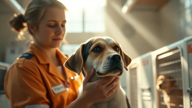 Ein Tierschutzmitarbeiter tröstet einen geretteten Hund in einer hellen Unterkunft und symbolisiert die nationale Meldestelle Tierschutz