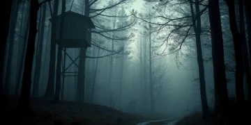 Jägerhochsitz an einem nebligen Waldweg mit schemenhafter Großkatze im Hintergrund als Symbol für das Thema Wildtierhaltung Verbot