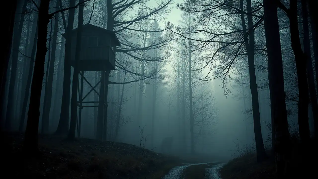 Jägerhochsitz an einem nebligen Waldweg mit schemenhafter Großkatze im Hintergrund als Symbol für das Thema Wildtierhaltung Verbot