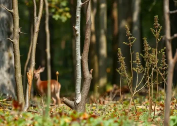 PETA und der Mythos der „Wildschäden“ – Eine wissenschaftliche Widerlegung 14 Junger deutscher Mischwald mit deutlich erkennbaren Verbissschäden an Baumtrieben, scheues Reh im Hintergrund; Darstellung der Problematik von Jagd und Wildschäden.
