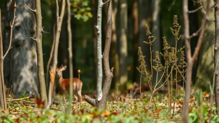 Junger deutscher Mischwald mit deutlich erkennbaren Verbissschäden an Baumtrieben, scheues Reh im Hintergrund; Darstellung der Problematik von Jagd und Wildschäden.