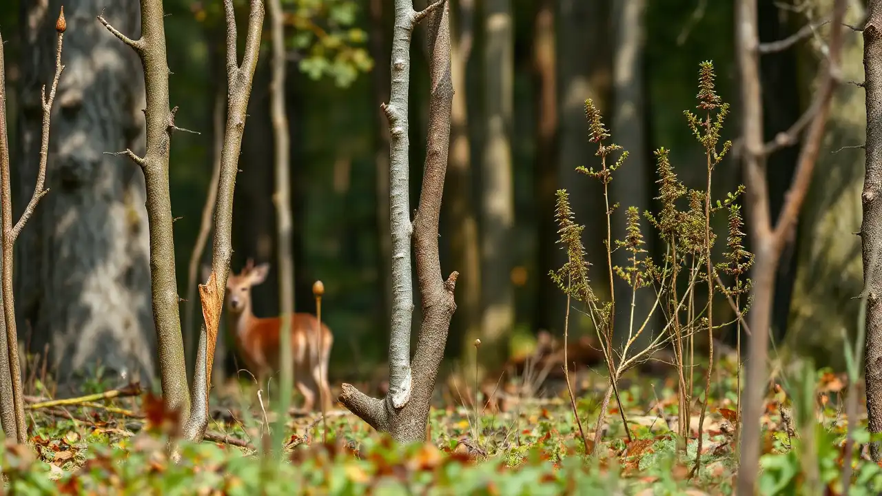 PETA und der Mythos der „Wildschäden“ – Eine wissenschaftliche Widerlegung 1 Junger deutscher Mischwald mit deutlich erkennbaren Verbissschäden an Baumtrieben, scheues Reh im Hintergrund; Darstellung der Problematik von Jagd und Wildschäden.