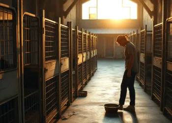 Tierheimförderung Sachsen – Mehr Geld für Tierheime, aber reicht das? 12 Inneres eines Tierheims mit Hunden in gepflegten, aber älteren Zwingern und einer Mitarbeitenden, die Futter bereitstellt, als ruhige Darstellung der Tierheimförderung Sachsen