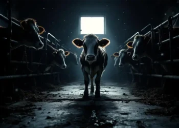 53 Kühe in einem schwach beleuchteten Stall, dicht an dicht in engen Räumen mit Ketten und abgenutzten Betonböden, veranschaulichen die harten Bedingungen der Anbindehaltung Rinder.