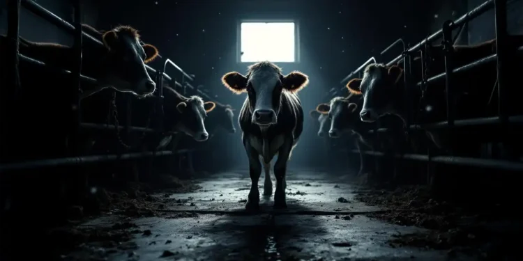 Anbindehaltung Rinder – wie PETA sich zwei bedeutungslose Einstellungen schönredet 11 Kühe in einem schwach beleuchteten Stall, dicht an dicht in engen Räumen mit Ketten und abgenutzten Betonböden, veranschaulichen die harten Bedingungen der Anbindehaltung Rinder.