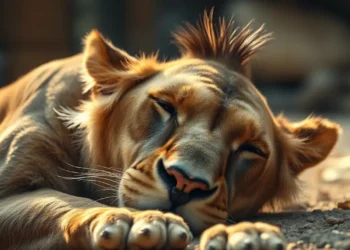 Nahaufnahme einer ruhenden Löwin in warmer Morgenbeleuchtung, die ruhig in ihrem Gehege liegt und mit sanftem Ausdruck ihre Löwenherzerkrankung erkennen lässt